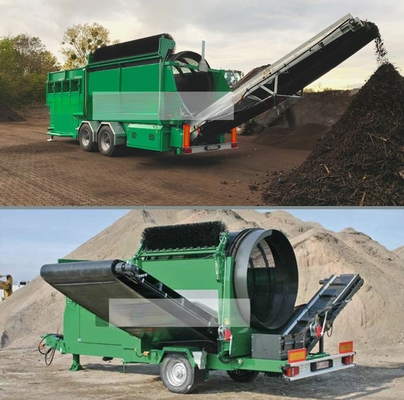 Ángulo del transportador de 25 grados Gran capacidad de abono móvil de compostaje Rotor Trommel Screen